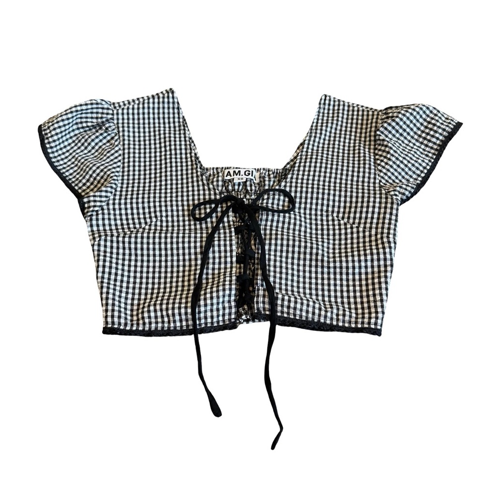 I.AM.GIA Black and White Gingham Lace-Up Crop Top